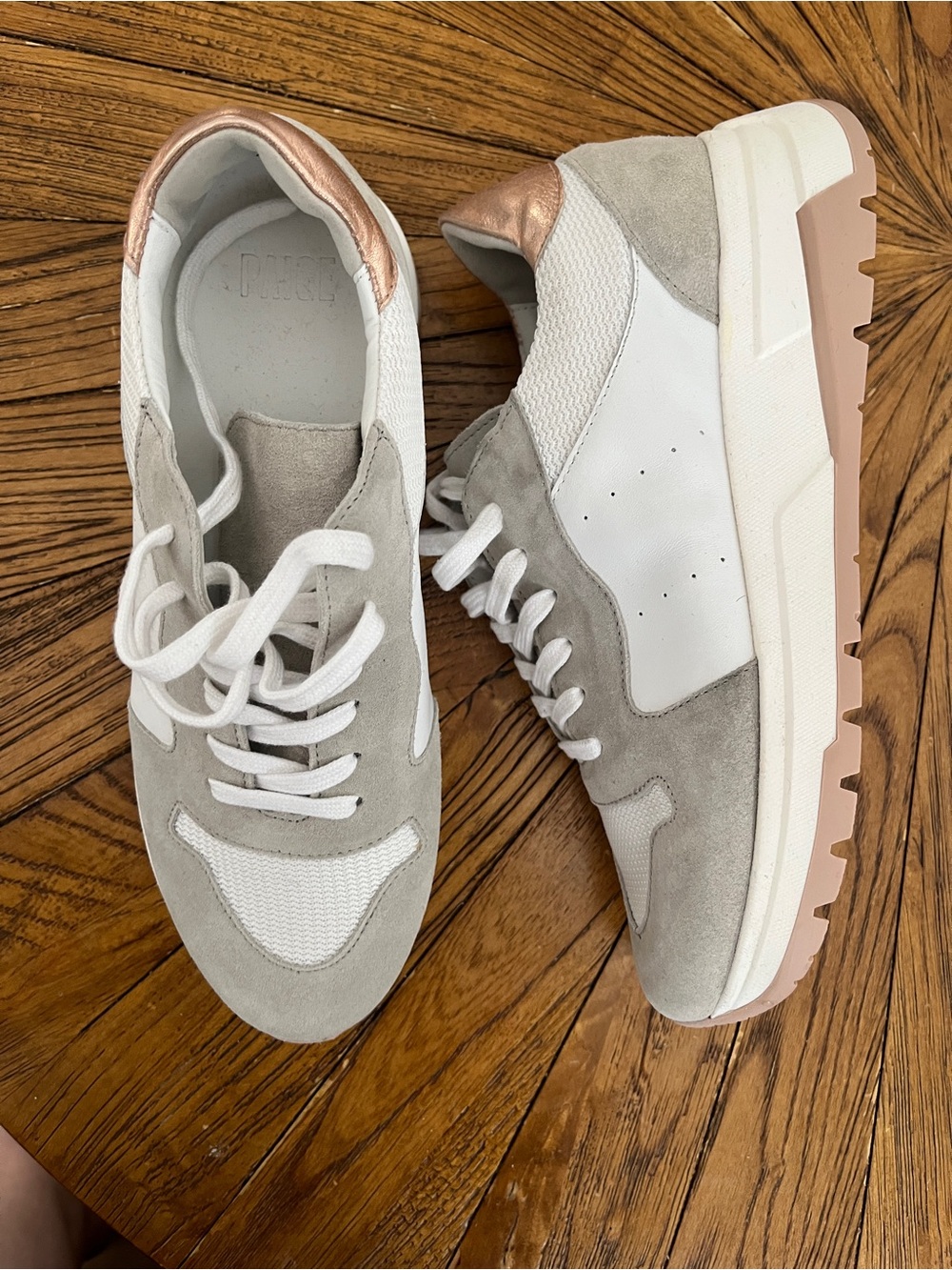 PAIGE Women’s Neutral Suede & Mesh Sneakers with Rose Gold Heel